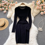 Autumn Winter Dress Women Clothing Crew Neck Long Sleeve Knitted Dress Front Lace Up Night Club Sexy Bodycon Dress