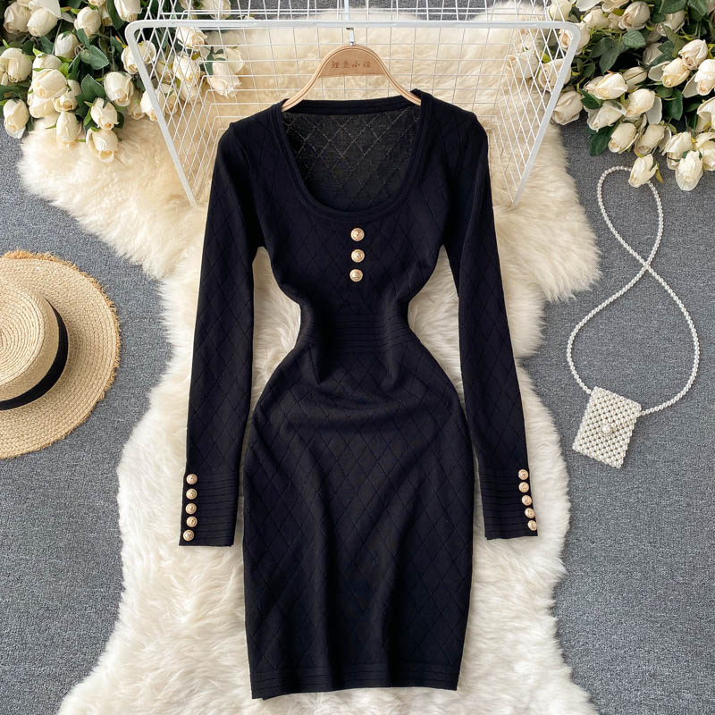 Autumn Winter Elegant Vintage Sexy Knitted Bodycon Dress Square Neck Long Sleeve Button Mini Dress