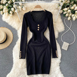 Autumn Winter Elegant Vintage Sexy Knitted Bodycon Dress Square Neck Long Sleeve Button Mini Dress