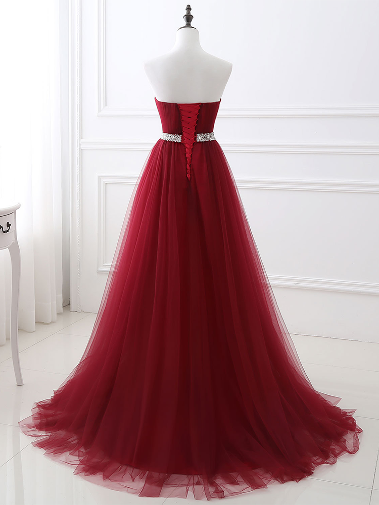 Burgundy Ball Gown Evening Dress Floor Length Tutu Pearls Beaded Abendkleider Fantastic Formal Dress Sweetheart Neck A-line Robe