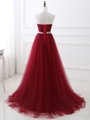 Burgundy Ball Gown Evening Dress Floor Length Tutu Pearls Beaded Abendkleider Fantastic Formal Dress Sweetheart Neck A-line Robe