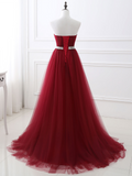 Burgundy Ball Gown Evening Dress Floor Length Tutu Pearls Beaded Abendkleider Fantastic Formal Dress Sweetheart Neck A-line Robe