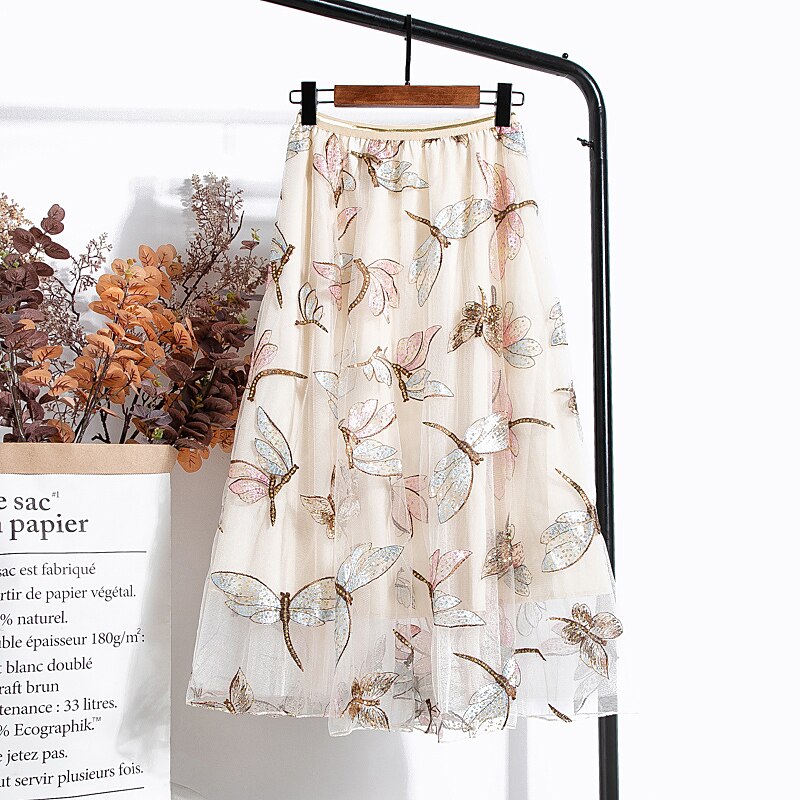 Dragonfly Sequin Embroidered Mesh Midi Skirt Elastic High Waist A-Line Women Summer Skirt