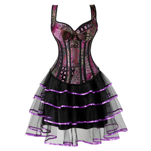 Women Gothic Sexy Corset Dress Vintage Floral Jacquard Straps Cup Corset Bustier Top With Mesh Striped Mini Tutu Skirt Set