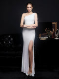 Women Beads Party Dress Elegant One Shoulder Slit Sequin Prom Dress