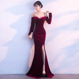 Vintage Velvet Evening Dresses Long-sleeve Off-shoulder Gowns Sexy Backless High Split Robe De Soriee Diamond Formal Dress