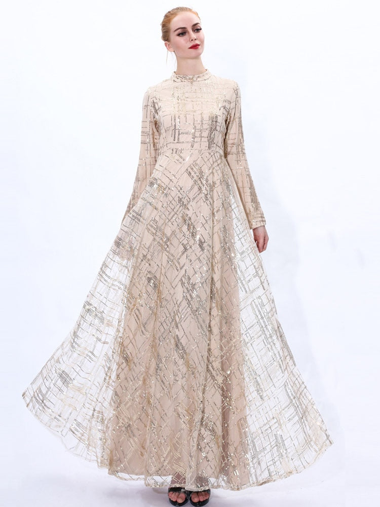 A-line Tulle Sequins Dress Arab Slim Muslim Dress Floor-Length Prom Gowns Robe De Soriee Full-Sleeve high-neck Vestios Plus Size
