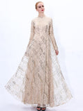 A-line Tulle Sequins Dress Arab Slim Muslim Dress Floor-Length Prom Gowns Robe De Soriee Full-Sleeve high-neck Vestios Plus Size