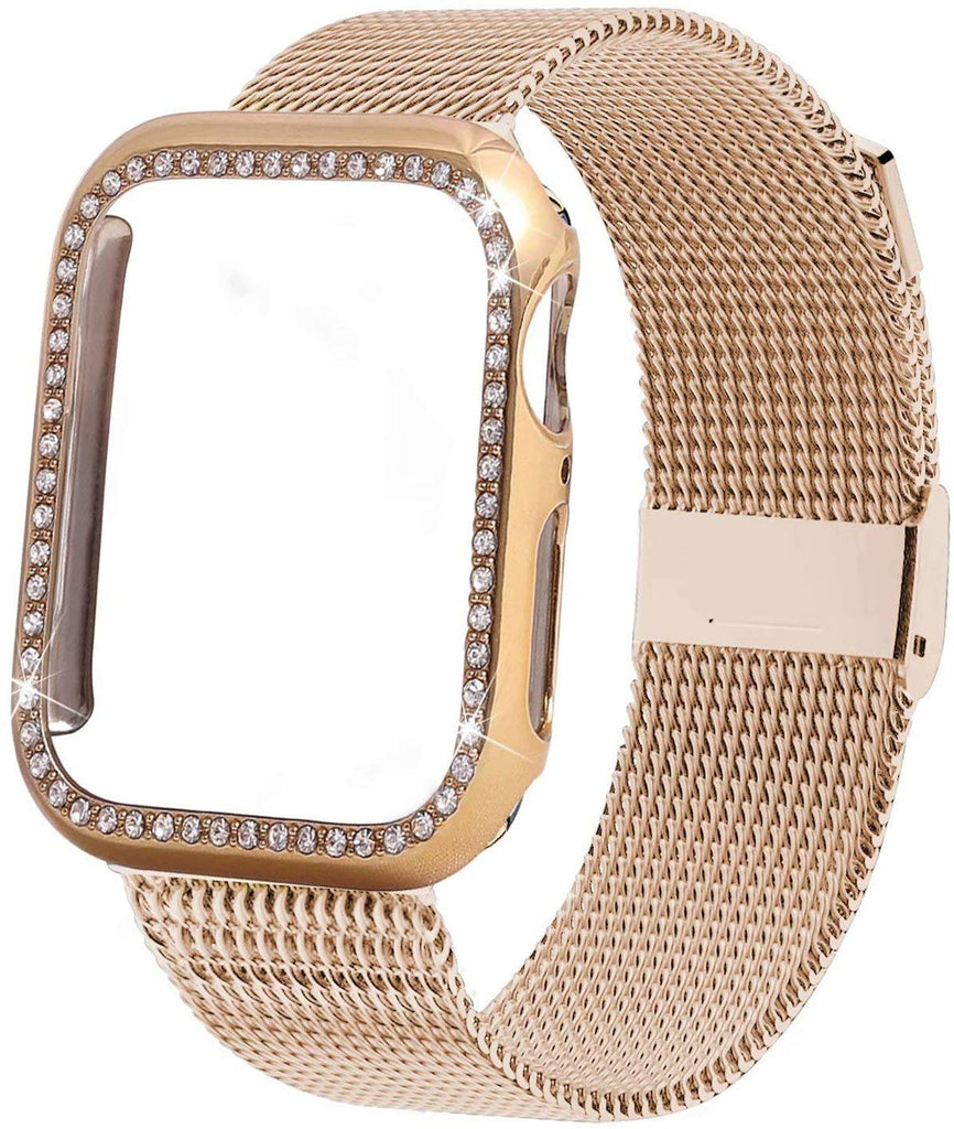 Diamond case+Milanese Loop band For Apple Watch Series 5/4/3/2/1 Stainless Steel Strap iwatch 38mm 42mm 40mm 44mm Wrist Bracelet
