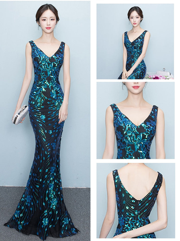 Elegant Mermaid Evening Dress Sleeveless Sequins Robe De Soriee V-neck Tulle Prom Gown Beads Formal Dress
