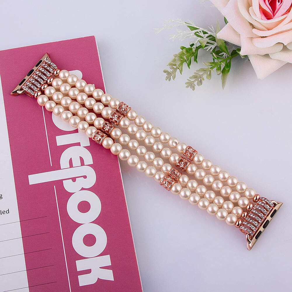 Handmade Beaded Bracelet for Apple Watch Band 38mm 40mm 42mm 44mm Iwatch Series 5/4/3/2/1 Elastic Stretch Pearl Straps Bling Red
