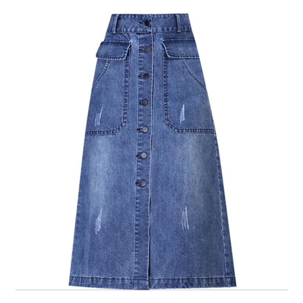 Long Denim Summer Korean High Waist Button Midi Skirt Women Elegant A Line Jeans Skirts