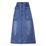 Long Denim Summer Korean High Waist Button Midi Skirt Women Elegant A Line Jeans Skirts
