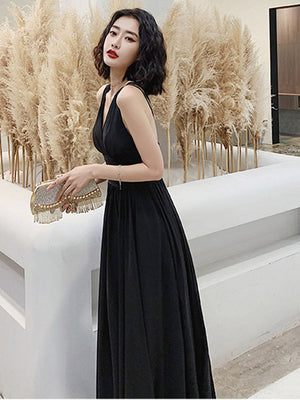 Black Cocktail Dress Sexy Deep V-neck Backless Party Gowns High Waist Big A-line Prom Dress Chiffon Vestioes Robe