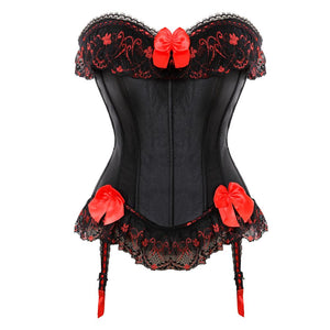 Women Sexy Lace Floral Bow Overbust Corset Carnival Vintage Satin Waist Cincher Slim Body Shaper Corsets Burstiers Lingerie Top