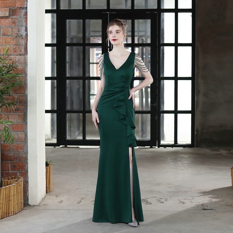Soft Satin V Neck Beading Evening Dress Candy Color Women Sexy Slit Party Maxi Dress