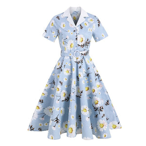 Notched Collar Daisy Elegant Women 1950s Vintage Belted Midi Dress Short Sleeve Button Front Ladies Floral Swing Dresses