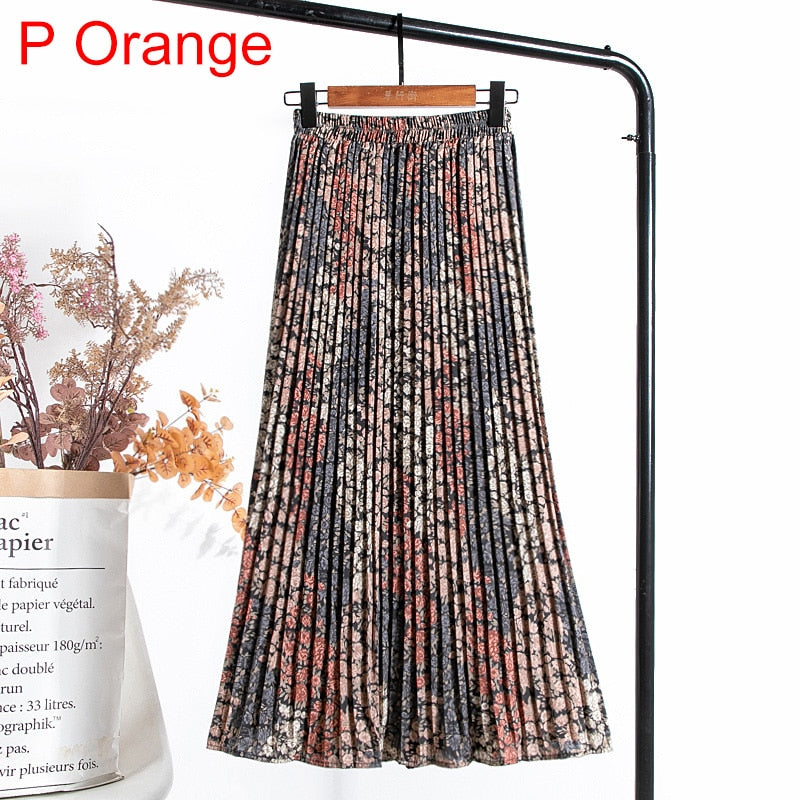 Women Chiffon Pleated Skirt Elastic High Waist Summer Print Casual Midi Long Skirt