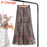 Women Chiffon Pleated Skirt Elastic High Waist Summer Print Casual Midi Long Skirt