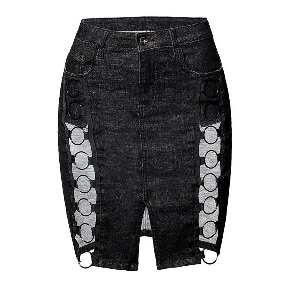Summer High Waist Denim Sexy Streetwear Party Solid Hollow Out Black Jean Skirts