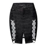 Summer High Waist Denim Sexy Streetwear Party Solid Hollow Out Black Jean Skirts