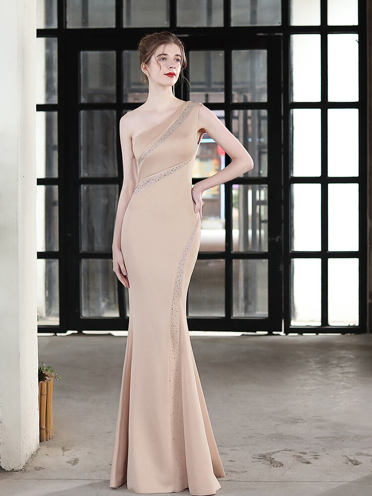 One Shoulder Mermaid Evening Dress Floor Length Robes Women Formal Vestidoes Sleevless Beading Robe De Soriee