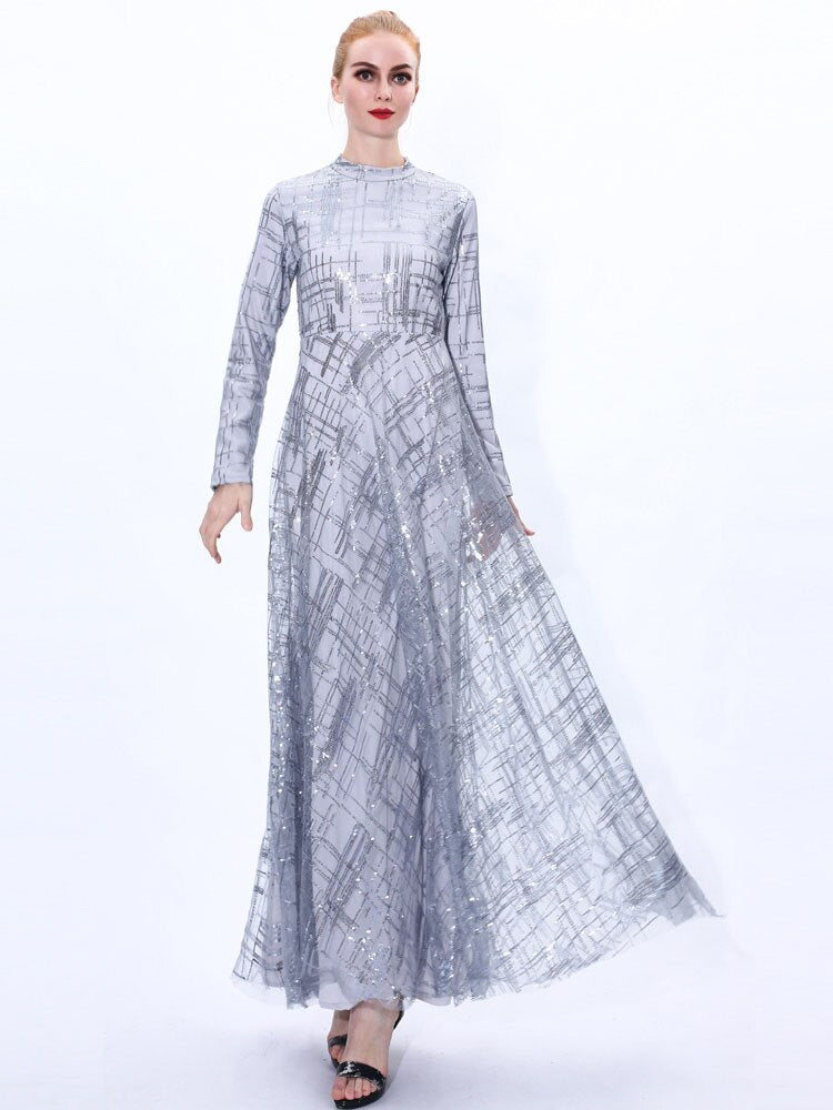 A-line Tulle Sequins Dress Arab Slim Muslim Dress Floor-Length Prom Gowns Robe De Soriee Full-Sleeve high-neck Vestios Plus Size