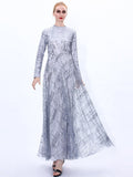 A-line Tulle Sequins Dress Arab Slim Muslim Dress Floor-Length Prom Gowns Robe De Soriee Full-Sleeve high-neck Vestios Plus Size