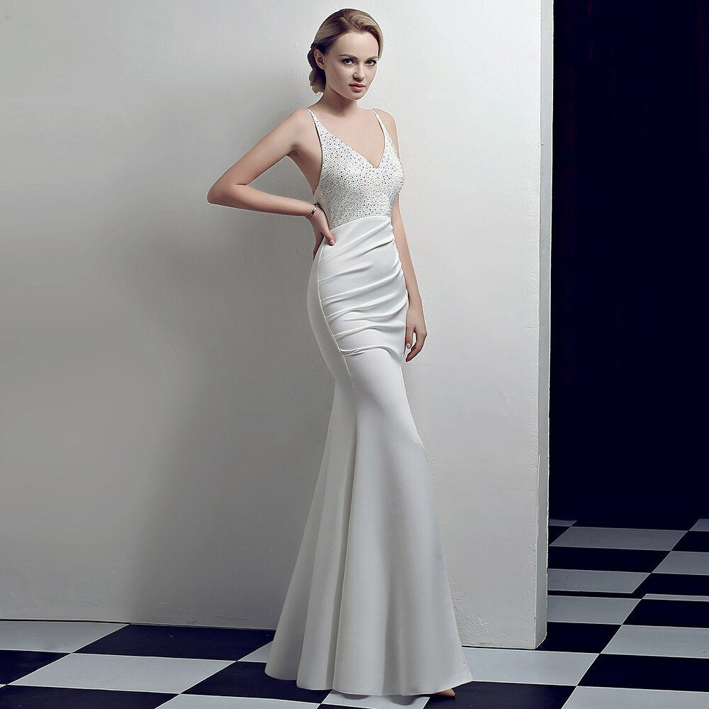 Elegant Mermaid Sexy High Slit Evening Dress Reflective Long V neck Beadings Formal Classy Sleeveless Prom