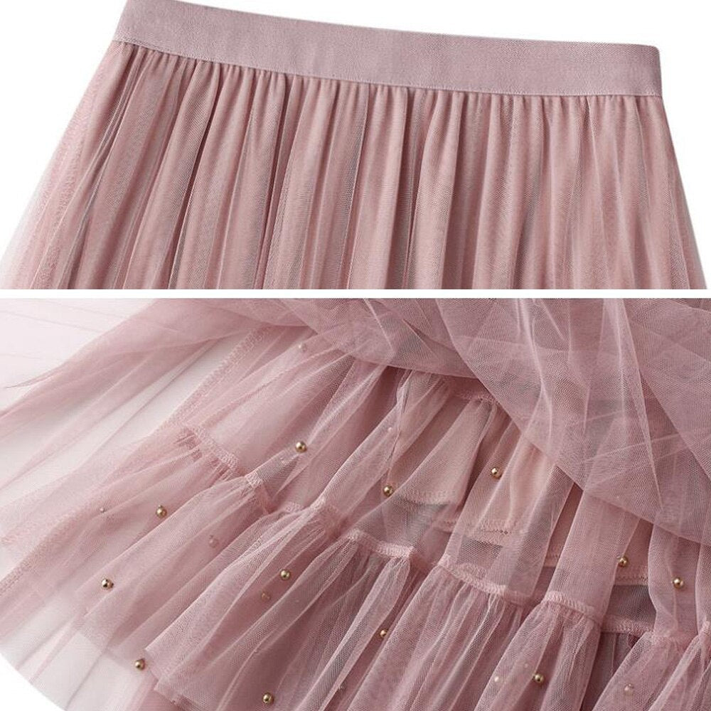 Women Summer Elegant Solid Color Midi Tulle Ladies Summer Streetwear Casual High Waist Long Pleated Skirt