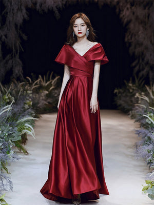 Big A-line Evening Dress Burgundy Double V-neck Prom Gown Short Cap-sleeve Party Robe Long Stain Formal Women Custom-made Dress