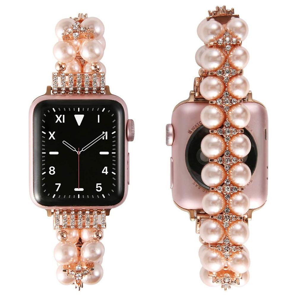 Pink Pearl Bling Correa for Apple Watch Band 38mm 40mm Series 6 5 4 3 Bracelet Women Stretchy Beaded Strap iWatch SE 42mm 44mm