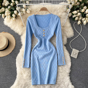 Autumn Winter Elegant Vintage Sexy Knitted Bodycon Dress Square Neck Long Sleeve Button Mini Dress