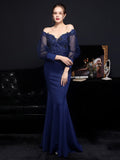 Elegant Champagne Satin Appliques Beading Evening Long Sleeve Dress