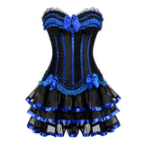 Women Sexy Striped Corset Dress Satin Bow Lace Waist Cincher Corset Bustier Lingerie Top With Mesh Mini Tutu Skirt Set Plus Size