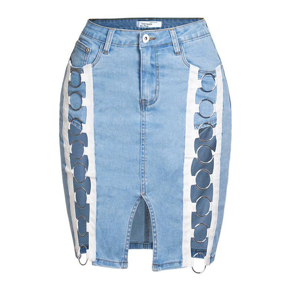 Summer High Waist Denim Sexy Streetwear Party Solid Hollow Out Black Jean Skirts