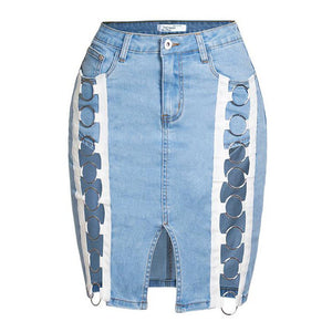 Summer High Waist Denim Sexy Streetwear Party Solid Hollow Out Black Jean Skirts