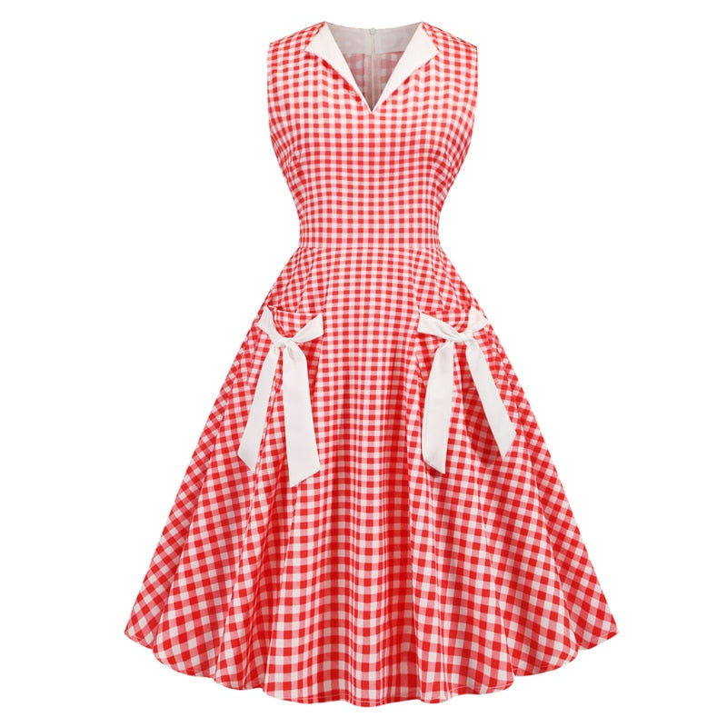 Red V Neck Tie Pocket Polka Dot 1950S Vintage Slim Pinup Summer Sleeveless Elegant Party A Line Dress