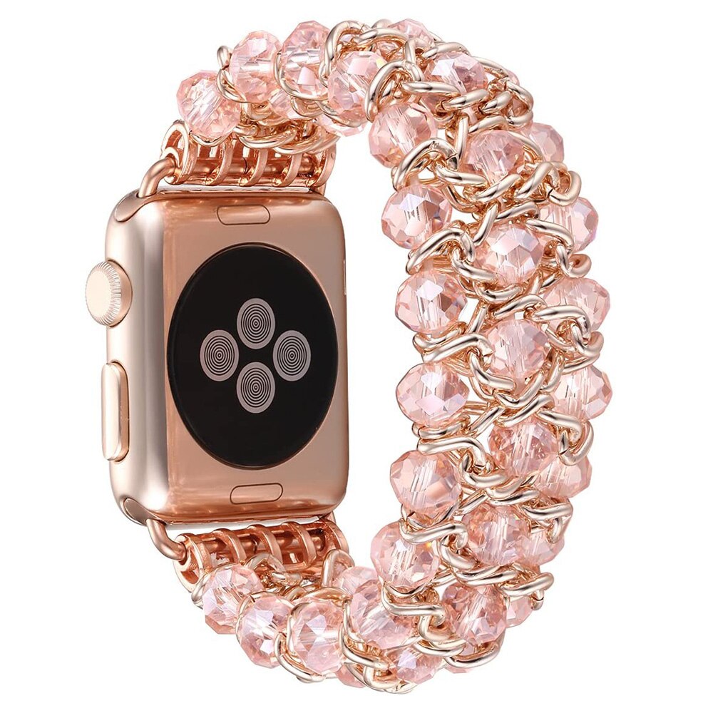 Blue Crystal Strap for Apple Watch Bracelet 38mm 40mm 42mm 44mm Beads Iwatch SE 6 5 4 3 Band with Metal Chain Women Girl Elastic