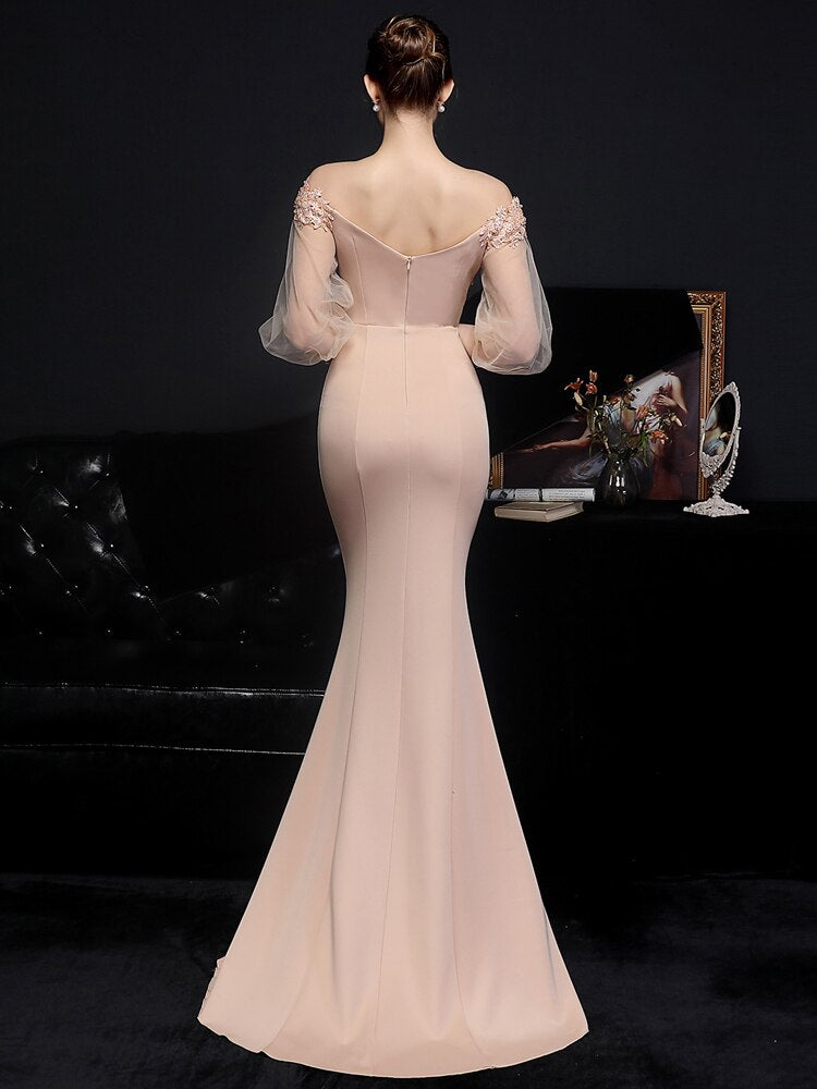 Elegant Champagne Satin Appliques Beading Evening Long Sleeve Dress