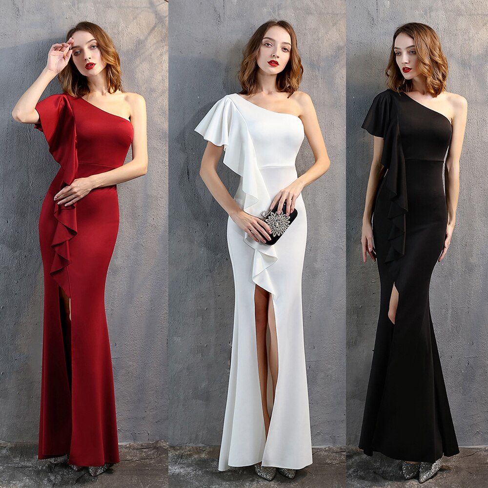 One-shoulder Elegant Long Night Party Dress Christmas Festival Evening Vestidoes Side Slit Lotus Short Sleeve Taffeta Prom Gown