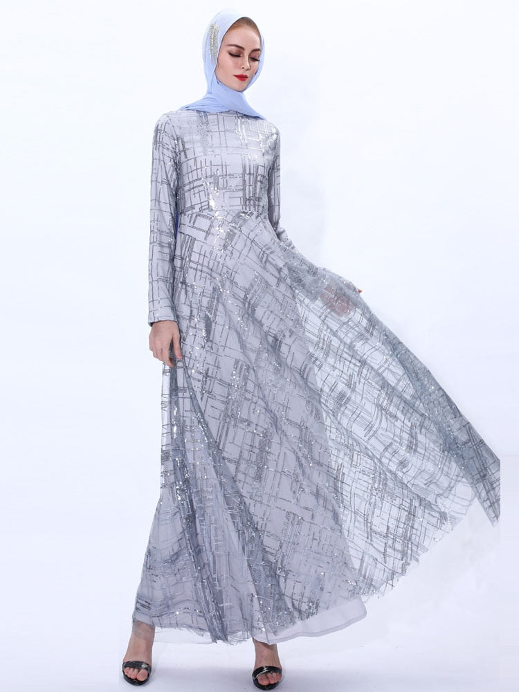 A-line Tulle Sequins Dress Arab Slim Muslim Dress Floor-Length Prom Gowns Robe De Soriee Full-Sleeve high-neck Vestios Plus Size