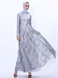 A-line Tulle Sequins Dress Arab Slim Muslim Dress Floor-Length Prom Gowns Robe De Soriee Full-Sleeve high-neck Vestios Plus Size