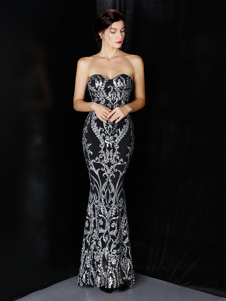 Asymmetrical Bright Long Dress Party Etiquette Celebration Evening Dress Strapless Mermaid Robe De Soriee Sexy Sequins Gown