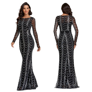 Autumn Winter O-Neck Wave Sequins See Though Women Maxi Dresses Elegant Long Sleeve Female Party Dresses Black Silver Pink