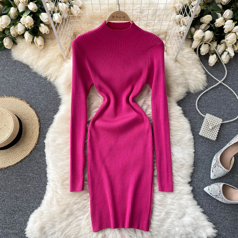 Autumn Winter Women Clothing Mock Neck Long Sleeve Ribbed Knit Sweater Dress Night Club Sexy Mini Knitted Bodycon Dress