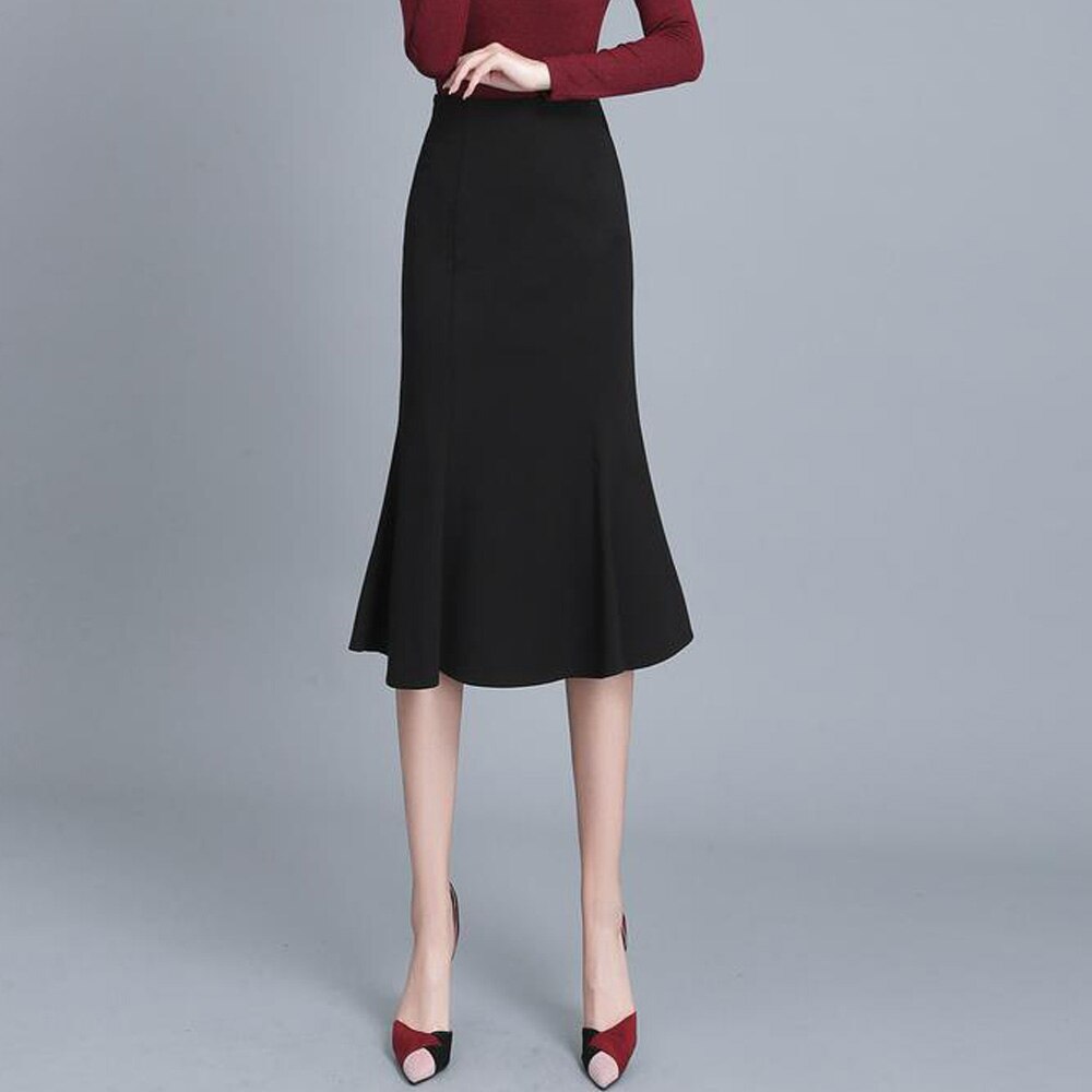Women Solid Black High Waisted Summer Long New Elegant Ladies Office Skirts