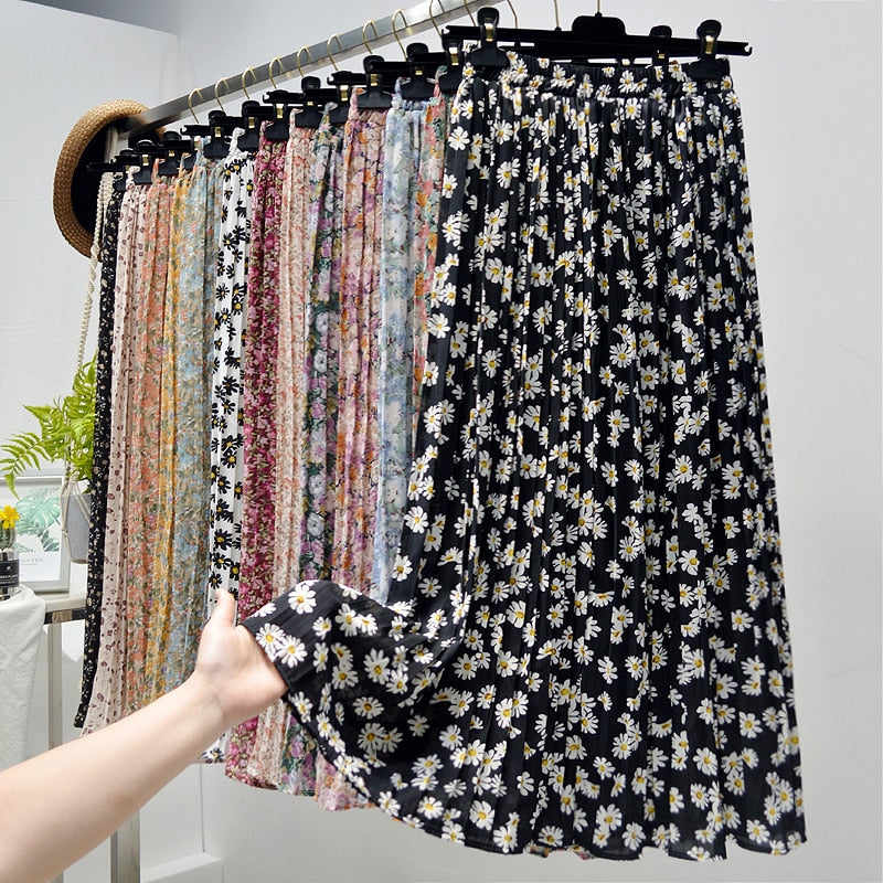 Summer New Vintage Floral Print Chiffon Pleated Skirt Elastic High Waist Casual Midi Skirt