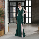 Soft Satin V Neck Beading Evening Dress Candy Color Women Sexy Slit Party Maxi Dress