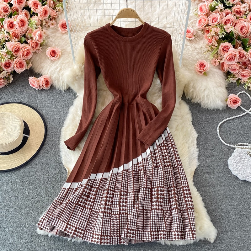 winter office patchwork dress Chikora Plus Size Women Long Sleeve Patchwork Midi Dress, Elegant Office Lady For Autumn And Winter Attire Work Outfits Tops
